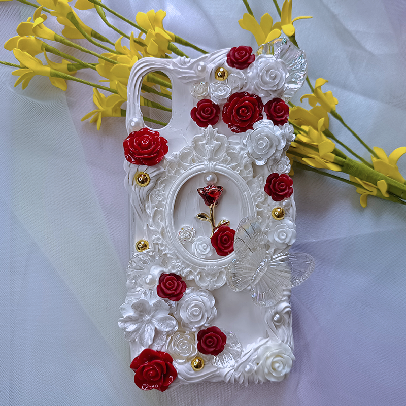 Luxurious Rose Embellished Phone Case,Whipped Cream,Customizable,DIY
