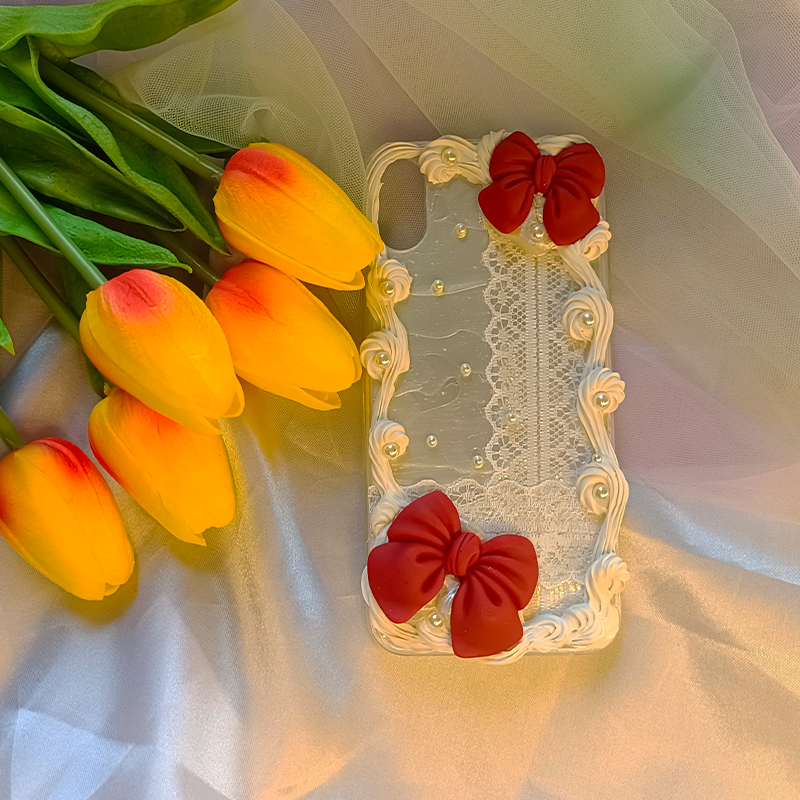 Rosette Pearl Trimmed Bow Accent Lace-Trimmed White Phone Case