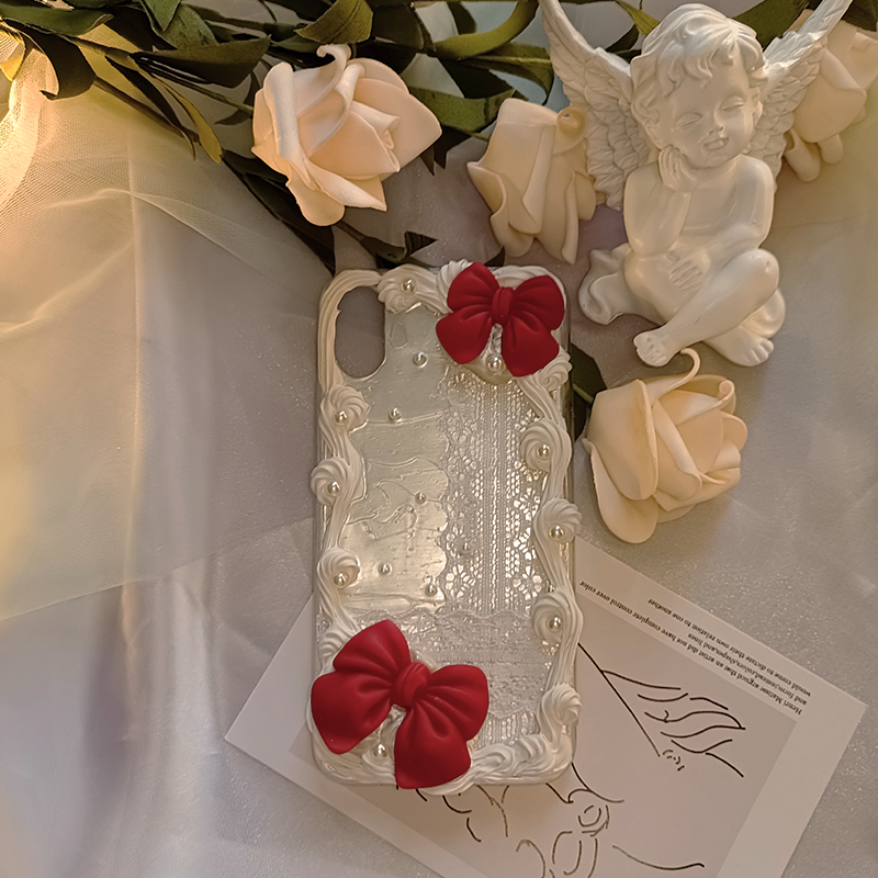 Rosette Pearl Trimmed Bow Accent Lace-Trimmed White Phone Case