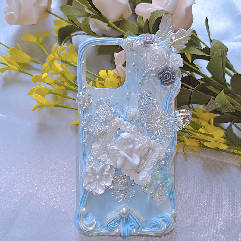 Baroque Angel Flower Pastel Angel Phone Case with Blue & White Hues