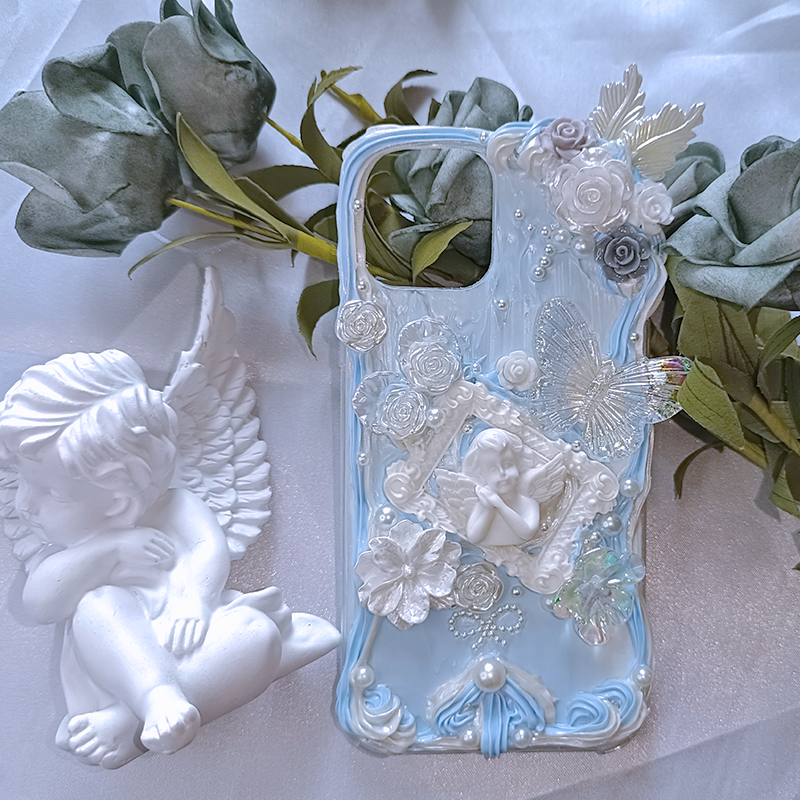 Baroque Angel Flower Pastel Angel Phone Case with Blue & White Hues