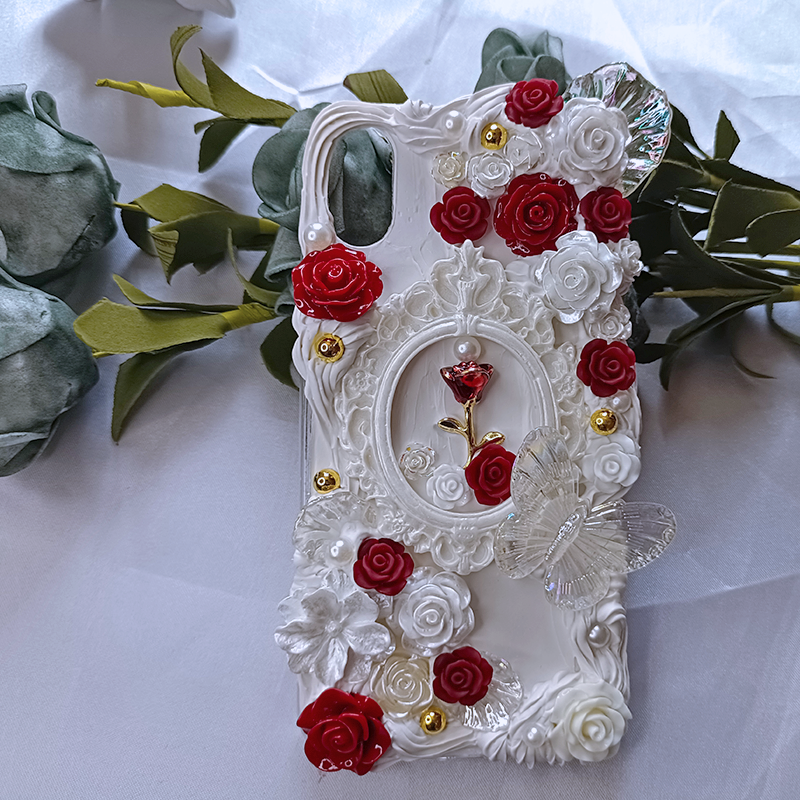 Luxurious Rose Embellished Phone Case,Whipped Cream,Customizable,DIY