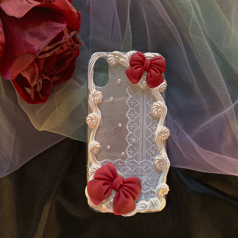 Rosette Pearl Trimmed Bow Accent Lace-Trimmed  White Phone Case