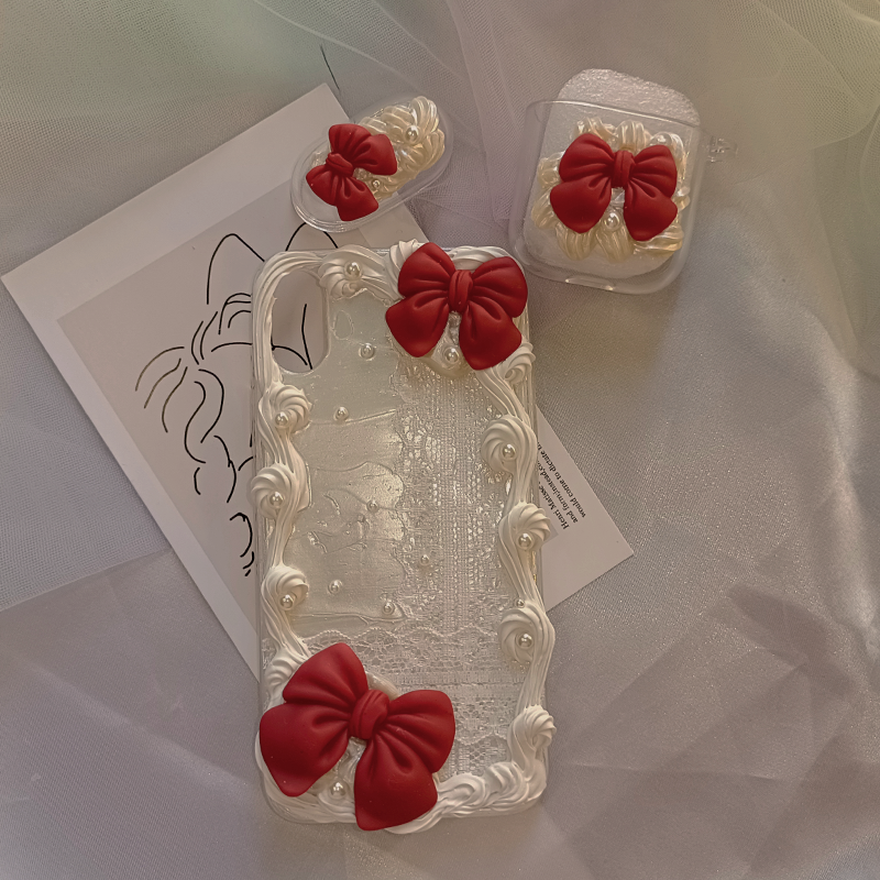 Rosette Pearl Trimmed Bow Accent Lace-Trimmed  White Phone Case