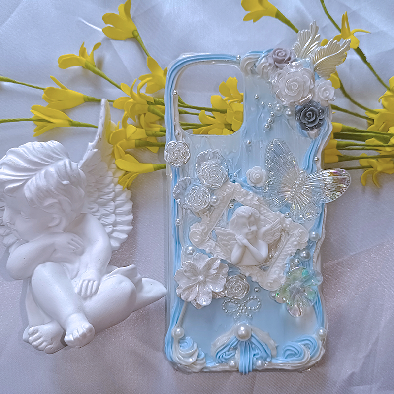 Baroque Angel  Flower Pastel Angel Phone Case with Blue & White Hues